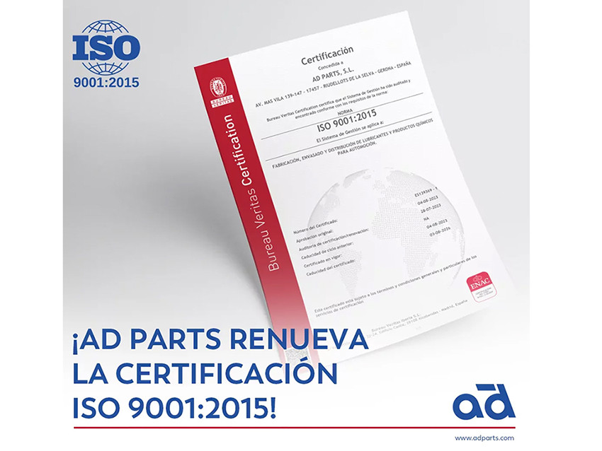 AD Parts renueva la certificación ISO 9001 2015